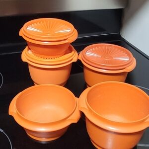 Vintage Tupperware Orange Kitchen Storage Bowl Set